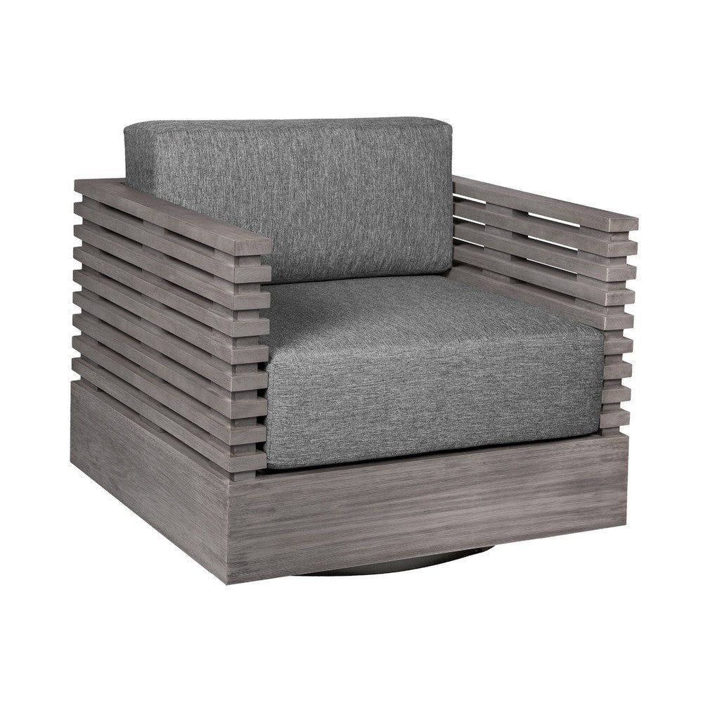 Hida Outdoor Swivel Chair | Gray Eucalyptus Wood | Gray Olefin Cushions