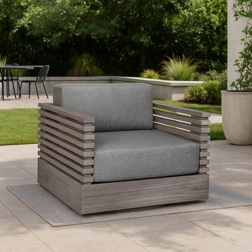 Hida Outdoor Swivel Chair | Gray Eucalyptus Wood | Gray Olefin Cushions
