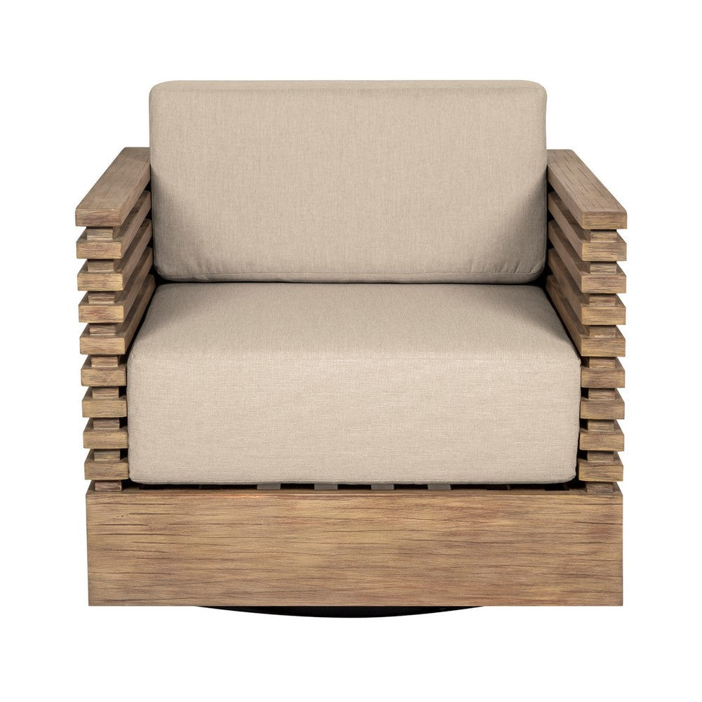 Hida Outdoor Swivel Chair | Brown Eucalyptus Wood | Taupe Olefin Cushions
