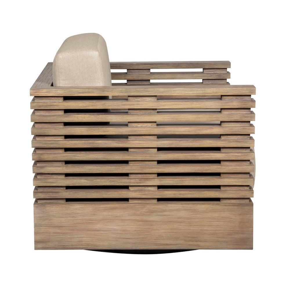 Hida Outdoor Swivel Chair | Brown Eucalyptus Wood | Taupe Olefin Cushions