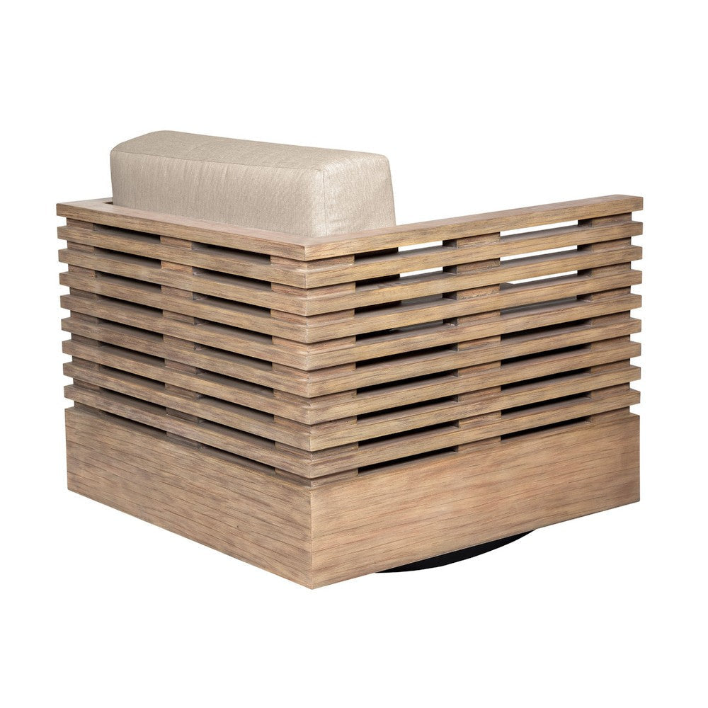 Hida Outdoor Swivel Chair | Brown Eucalyptus Wood | Taupe Olefin Cushions