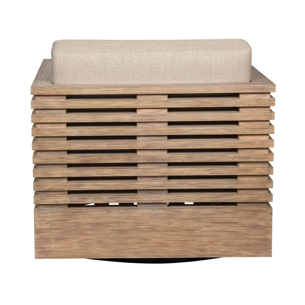 Hida Outdoor Swivel Chair | Brown Eucalyptus Wood | Taupe Olefin Cushions