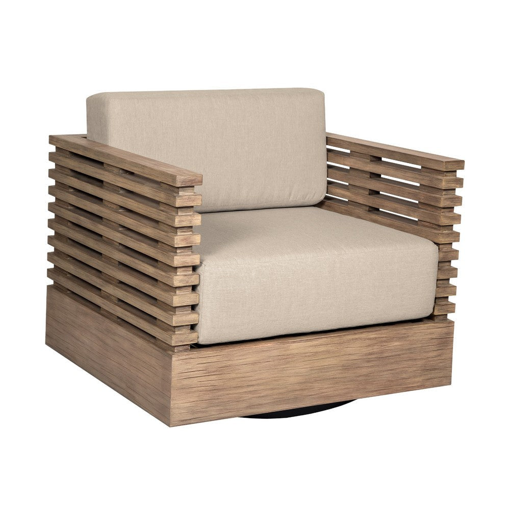 Hida Outdoor Swivel Chair | Brown Eucalyptus Wood | Taupe Olefin Cushions
