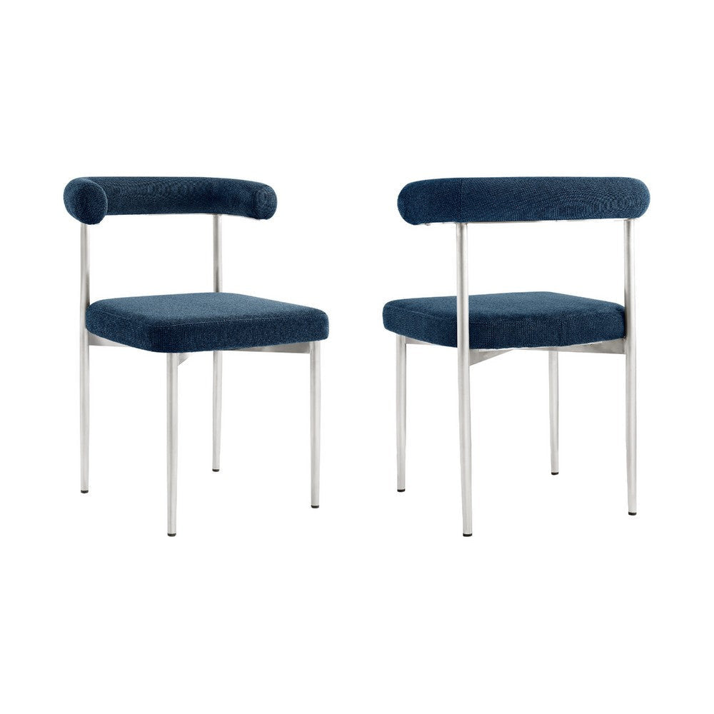 Shany Dining Chair Set of 2 | Curved Back Brushed Steel | Blue Polyester