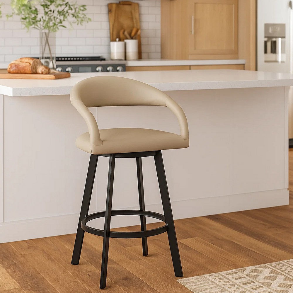 Monie Swivel Barstool Chair | Curved Floating Back | Beige Faux Leather