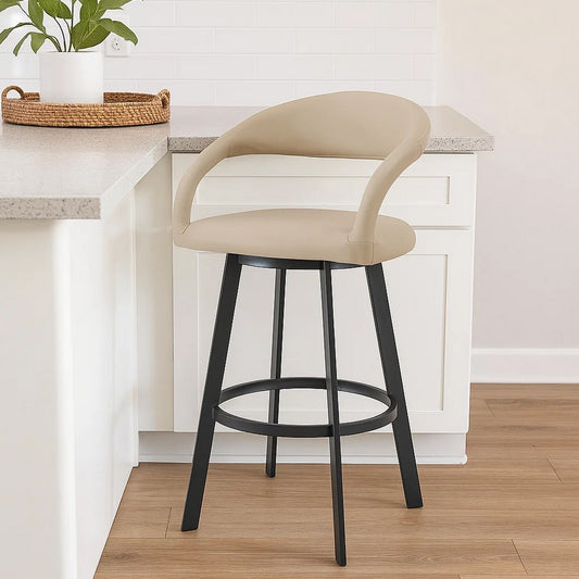 Monie Swivel Barstool Chair | Curved Floating Back | Beige Faux Leather