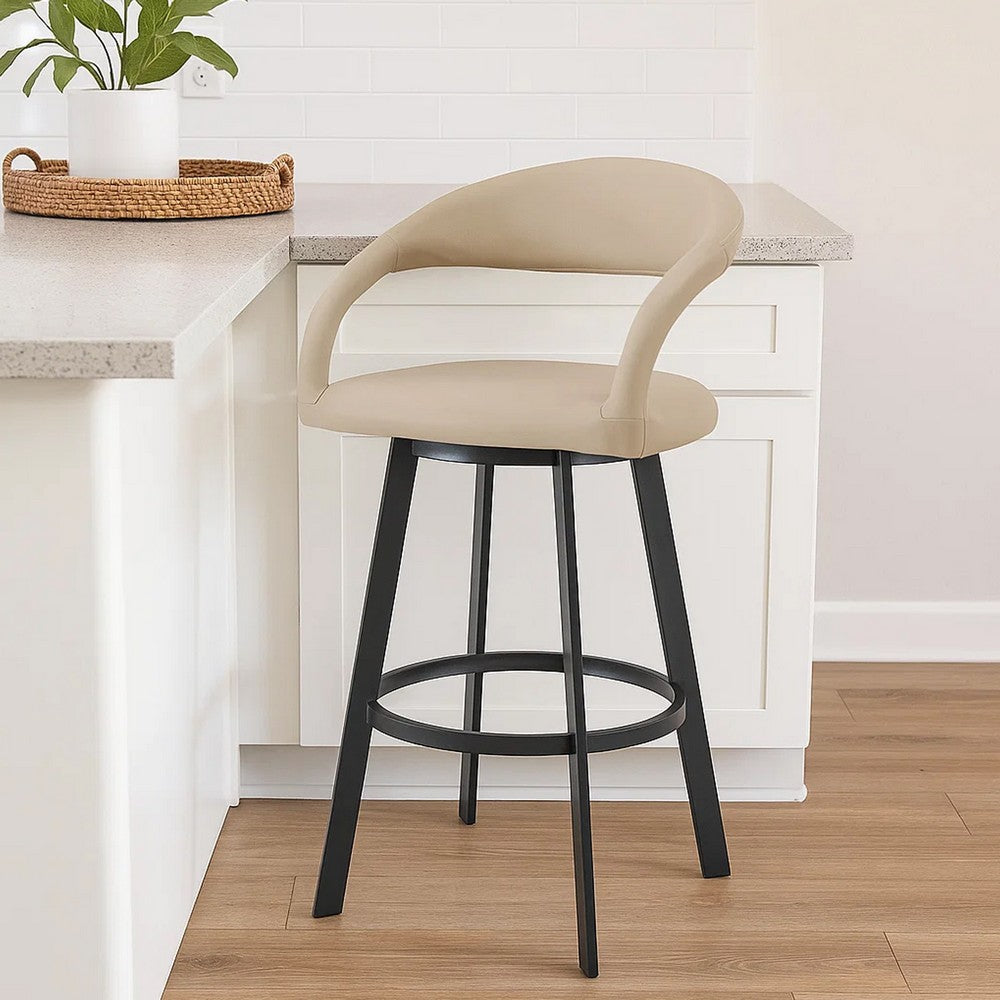 Monie Swivel Barstool Chair | Curved Floating Back | Beige Faux Leather