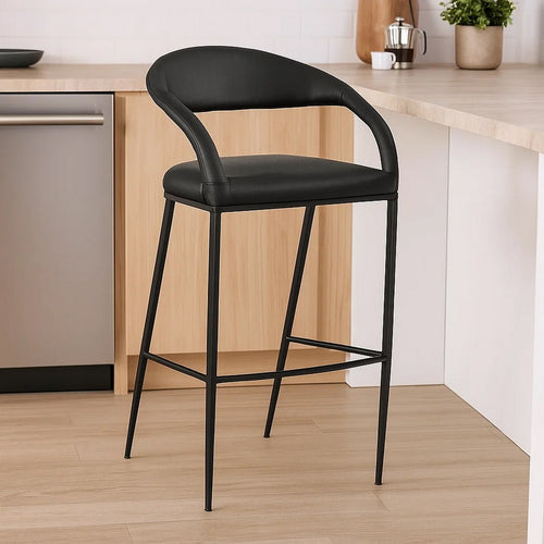 Monie Barstool Chair | Curved Floating Back | Black Faux Leather
