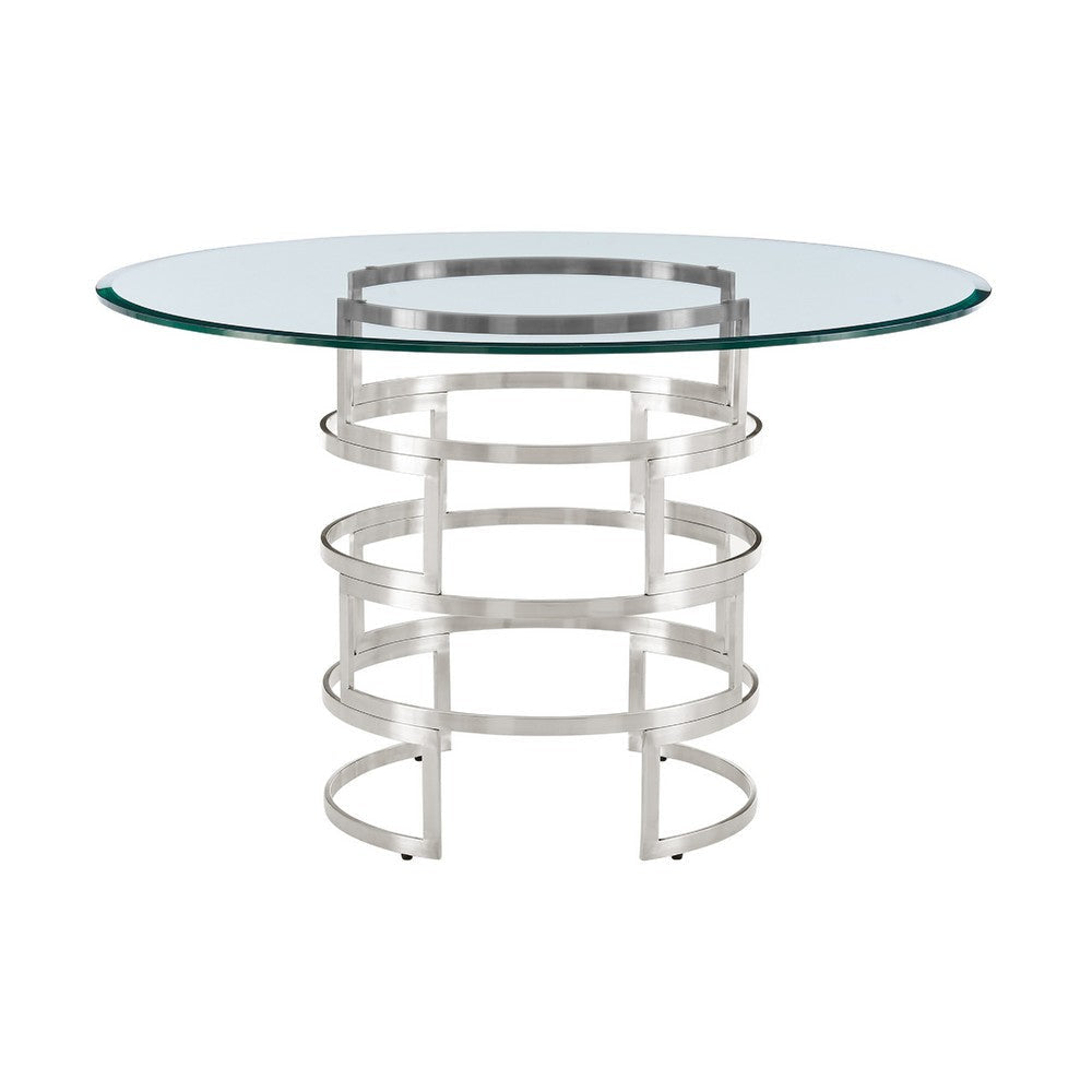 Rorry Dining Table | Silver Steel Stacked Base | 48" Glass Top
