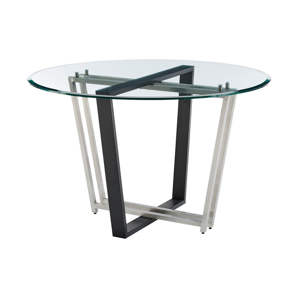Sanaya Dining Table | 48’’ Glass Top | Silver Steel | Black Iron
