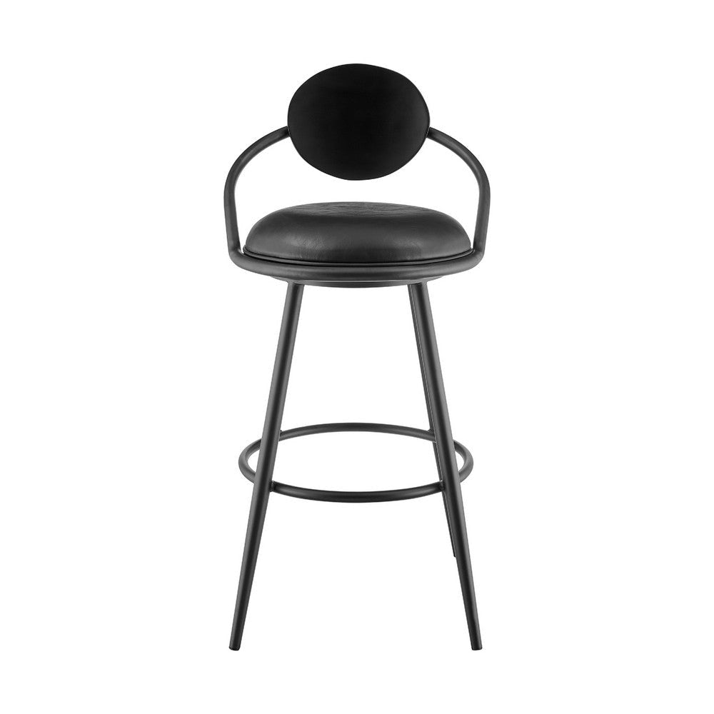 Carny Swivel Barstool Chair | Black Iron | Wood Back | Black Faux Leather