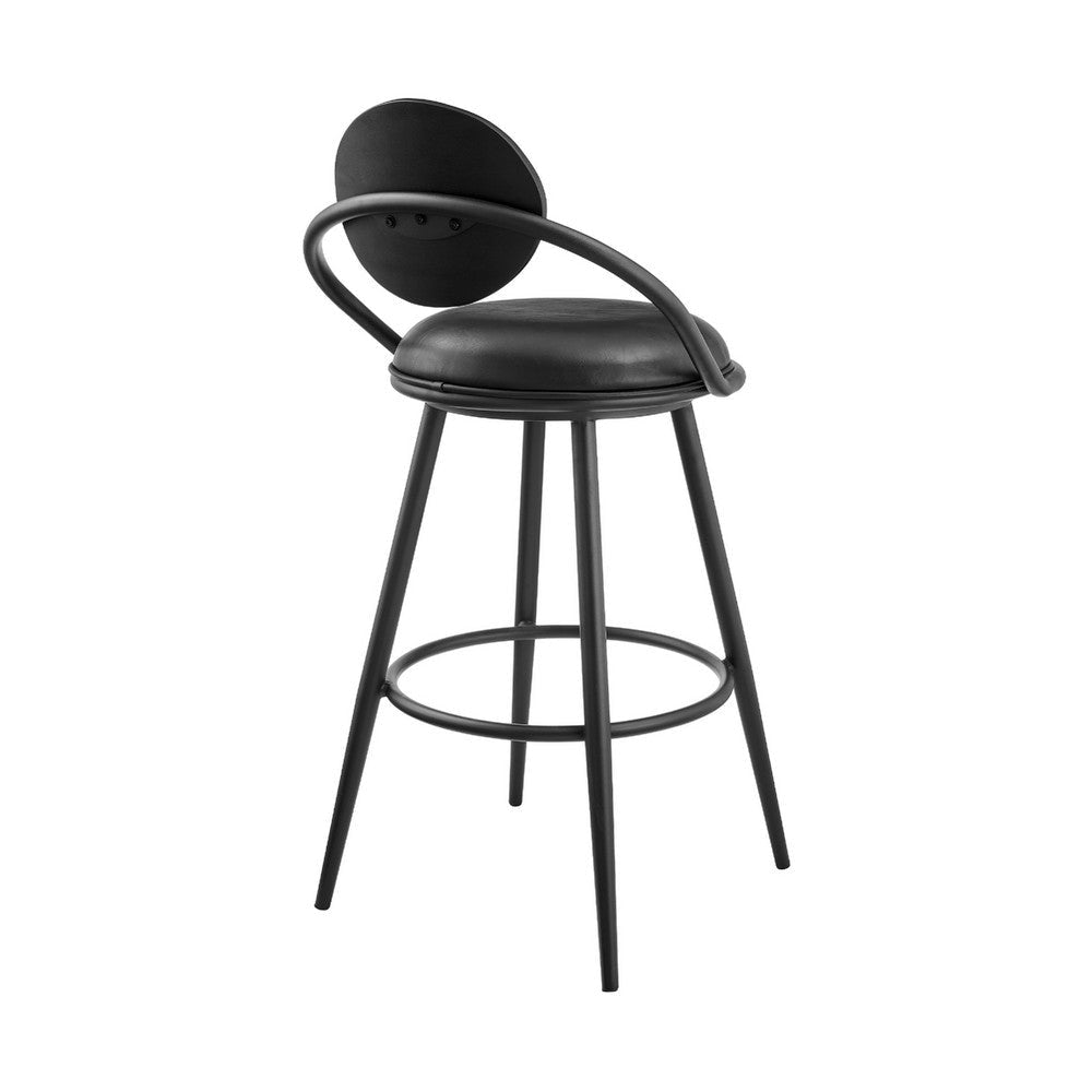Carny Swivel Barstool Chair | Black Iron | Wood Back | Black Faux Leather