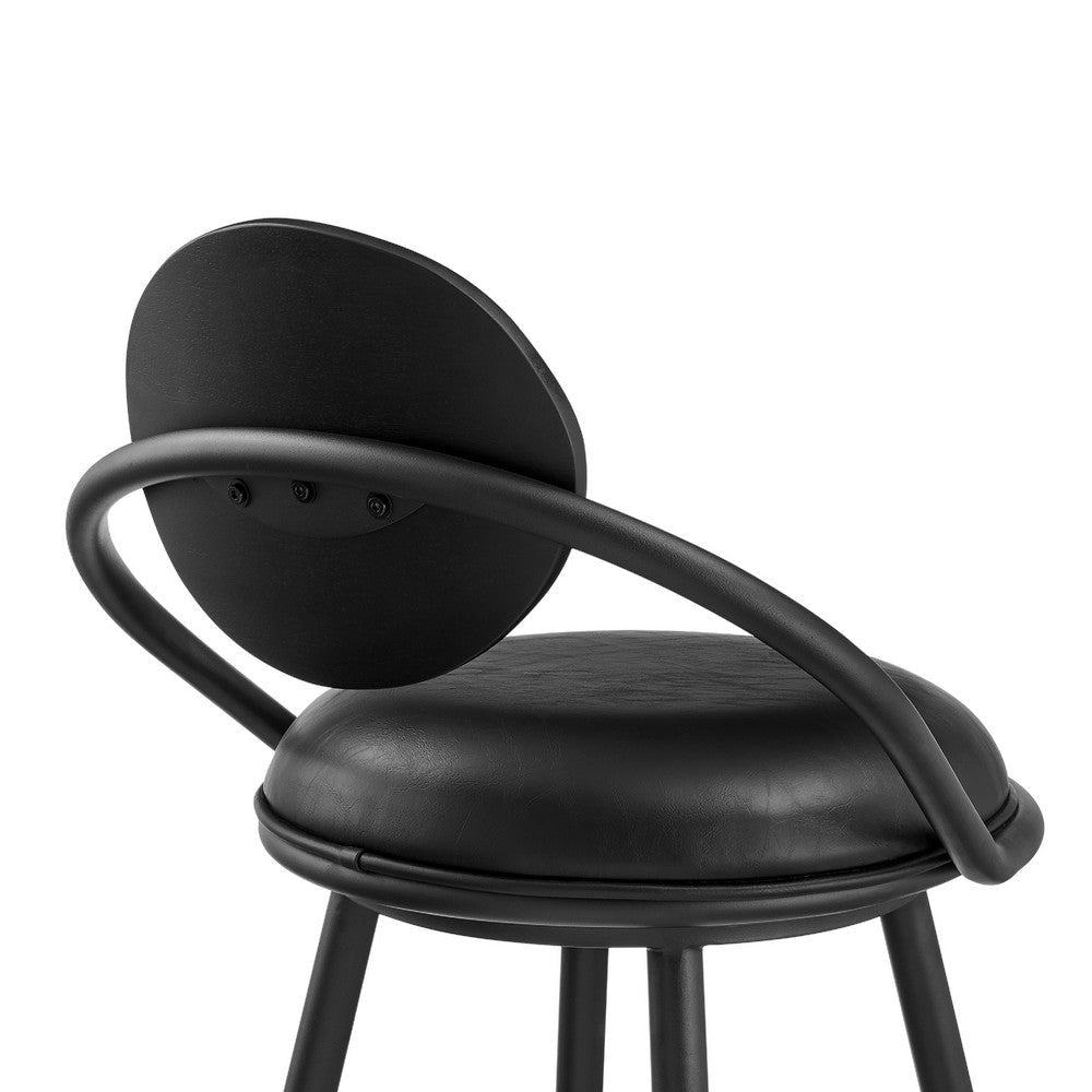 Carny Swivel Barstool Chair | Black Iron | Wood Back | Black Faux Leather