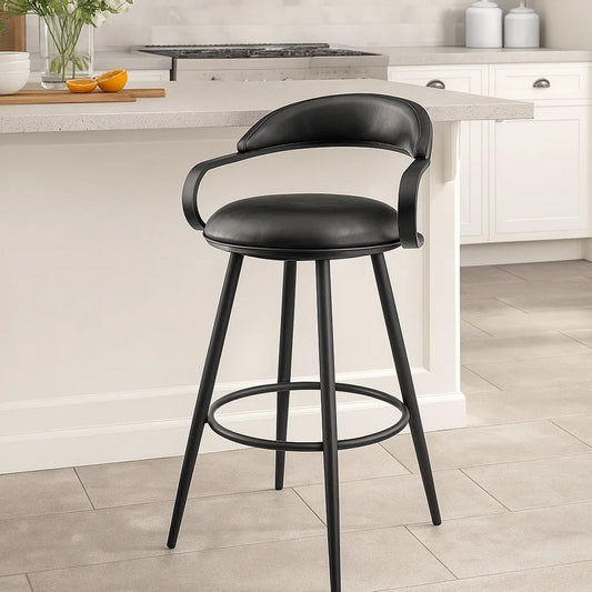 Gargy Swivel Barstool Chair | Floating Back | Iron | Black Faux Leather