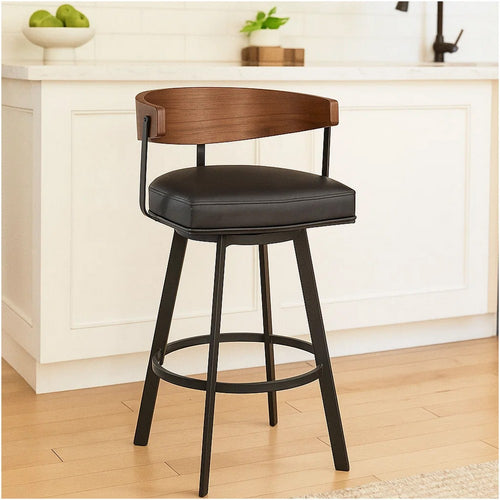 Lasie Swivel Counter Stool Chair | Walnut Brown, Black Faux Leather