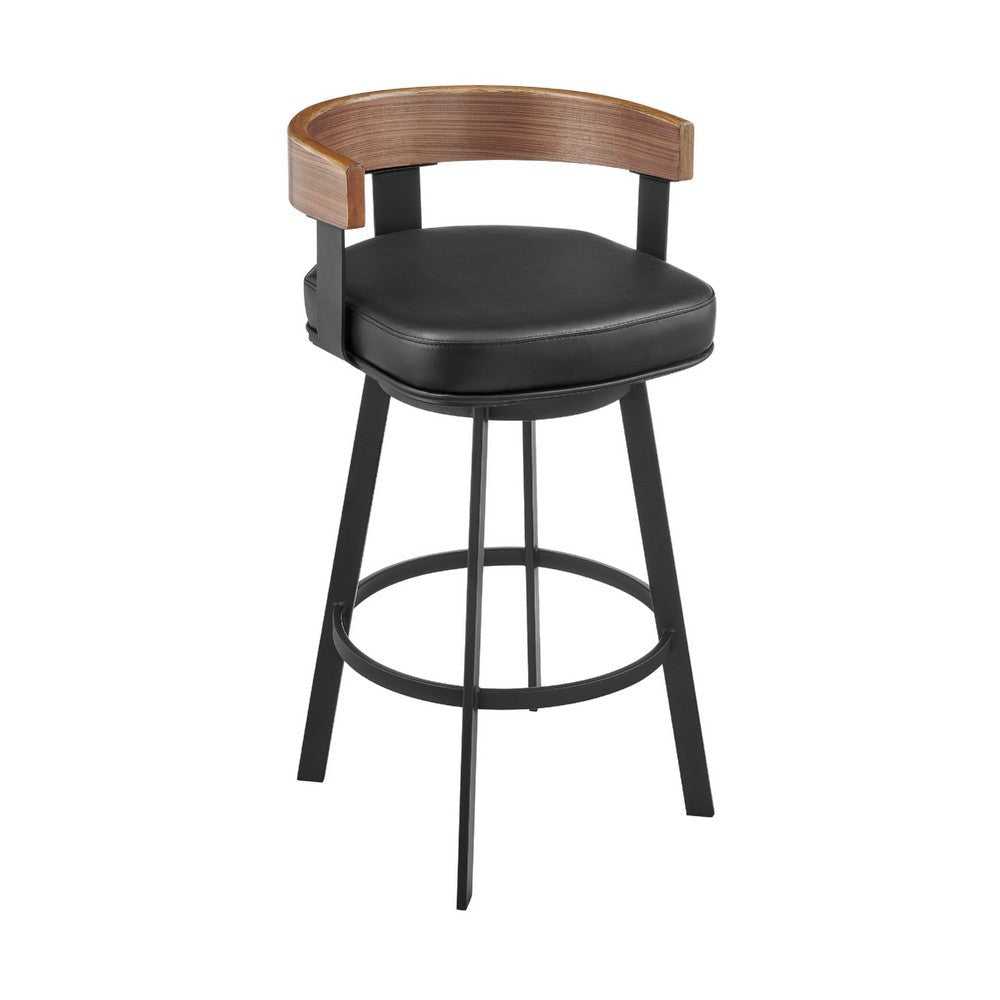 Idri Swivel Barstool Chair | Curved Back | Walnut Brown, Black Faux Leather