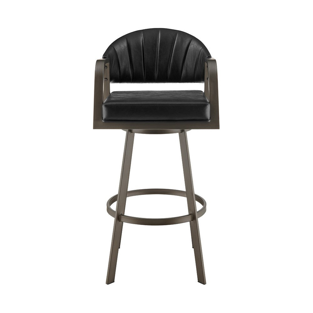 Marcy Swivel Barstool Chair | Iron Frame | Black Channel Tufted Faux Leather