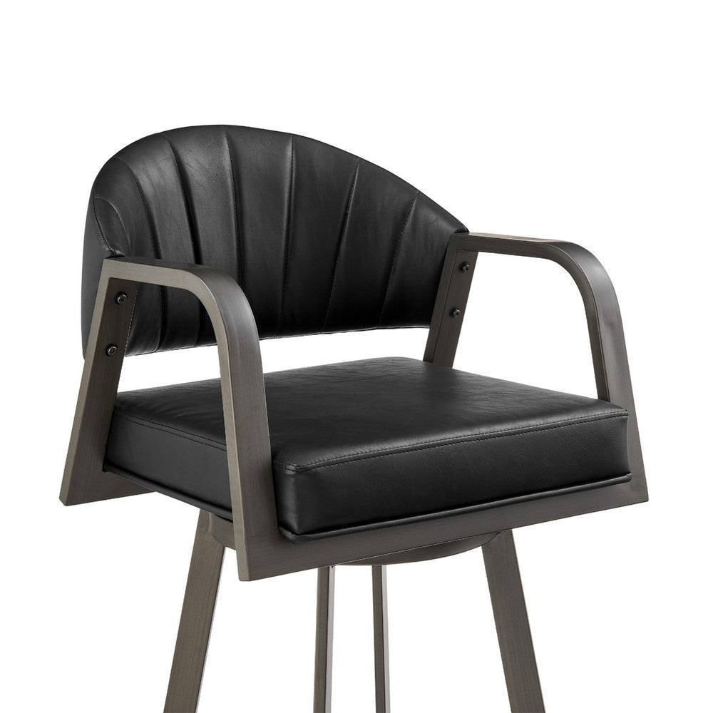 Marcy Swivel Barstool Chair | Iron Frame | Black Channel Tufted Faux Leather