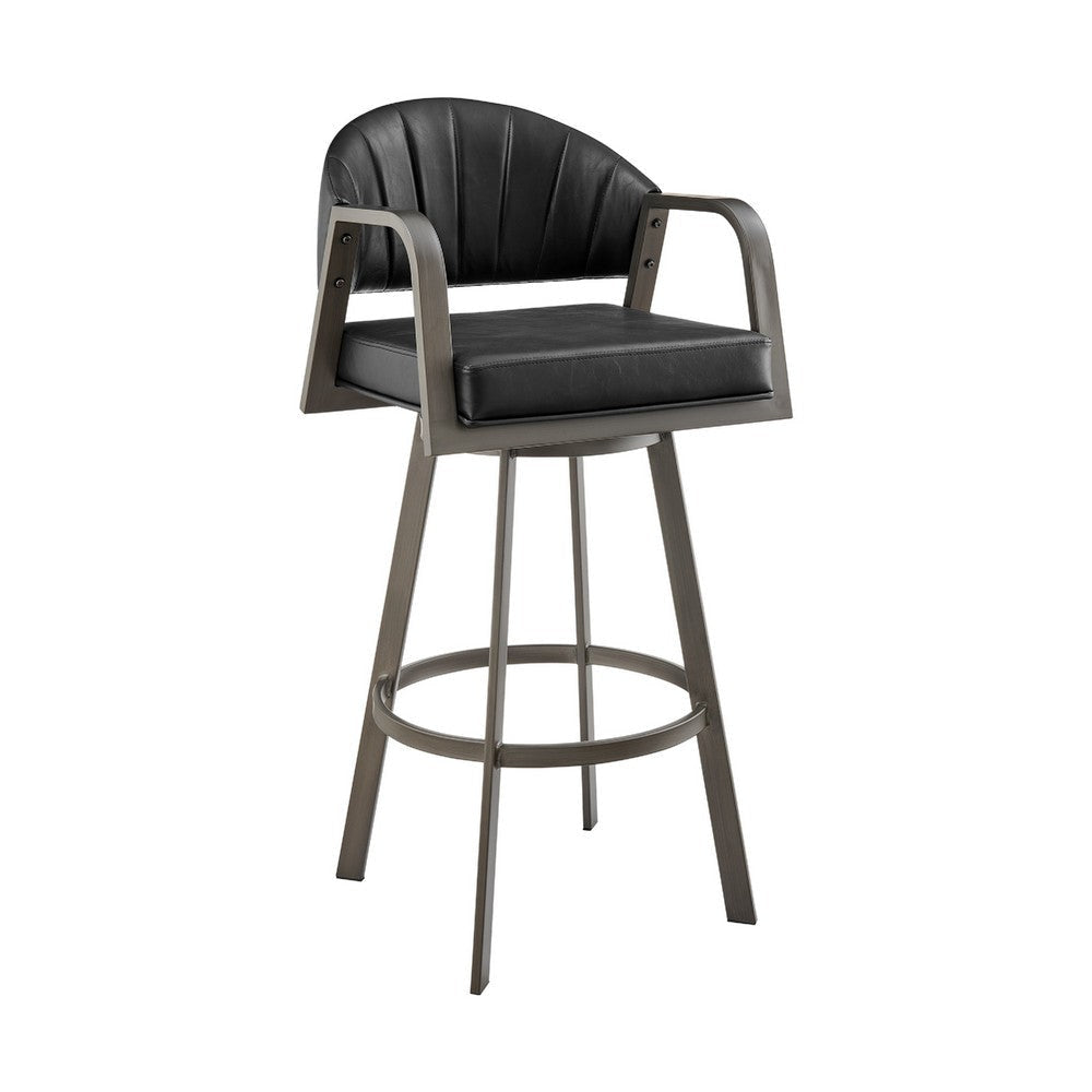 Marcy Swivel Barstool Chair | Iron Frame | Black Channel Tufted Faux Leather