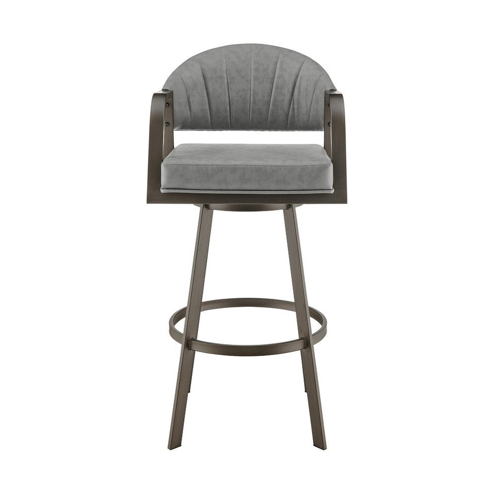 Marcy Swivel Barstool Chair | Iron | Gray Channel Tufted Faux Leather