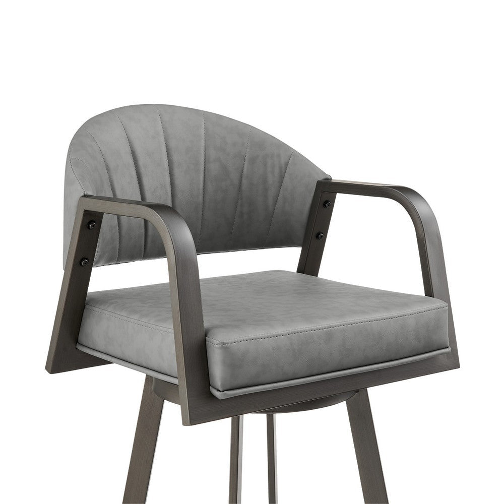 Marcy Swivel Barstool Chair | Iron | Gray Channel Tufted Faux Leather