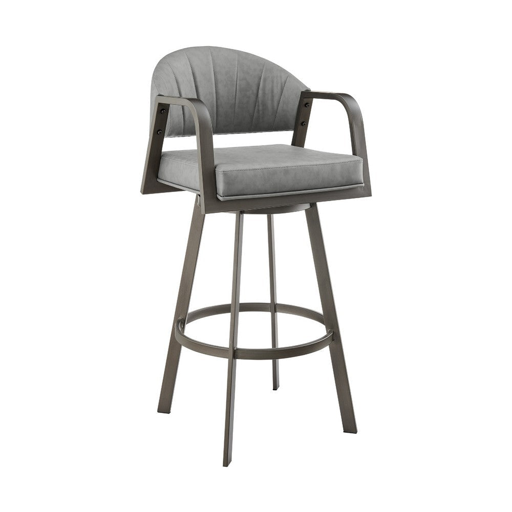 Marcy Swivel Barstool Chair | Iron | Gray Channel Tufted Faux Leather