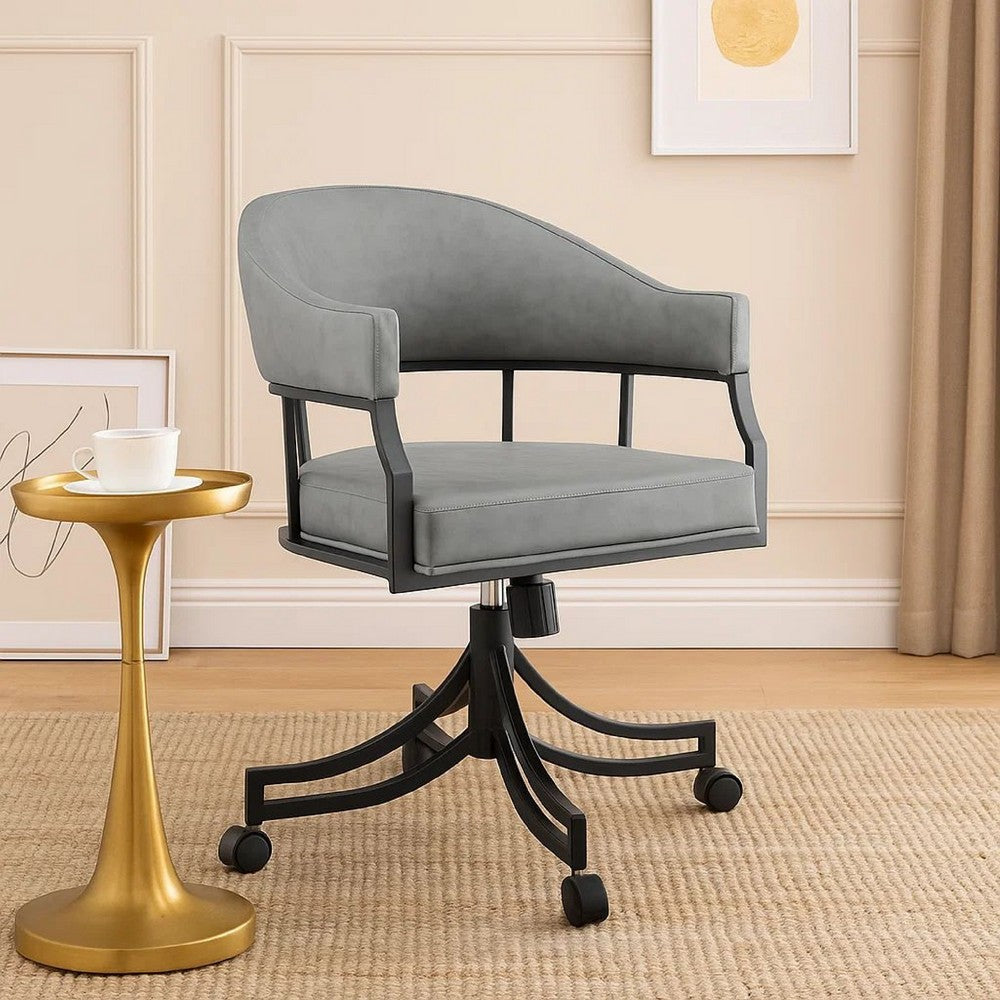 Tibby Swivel Dining Chair | Tilt Rolling | Black Iron | Gray Faux Leather