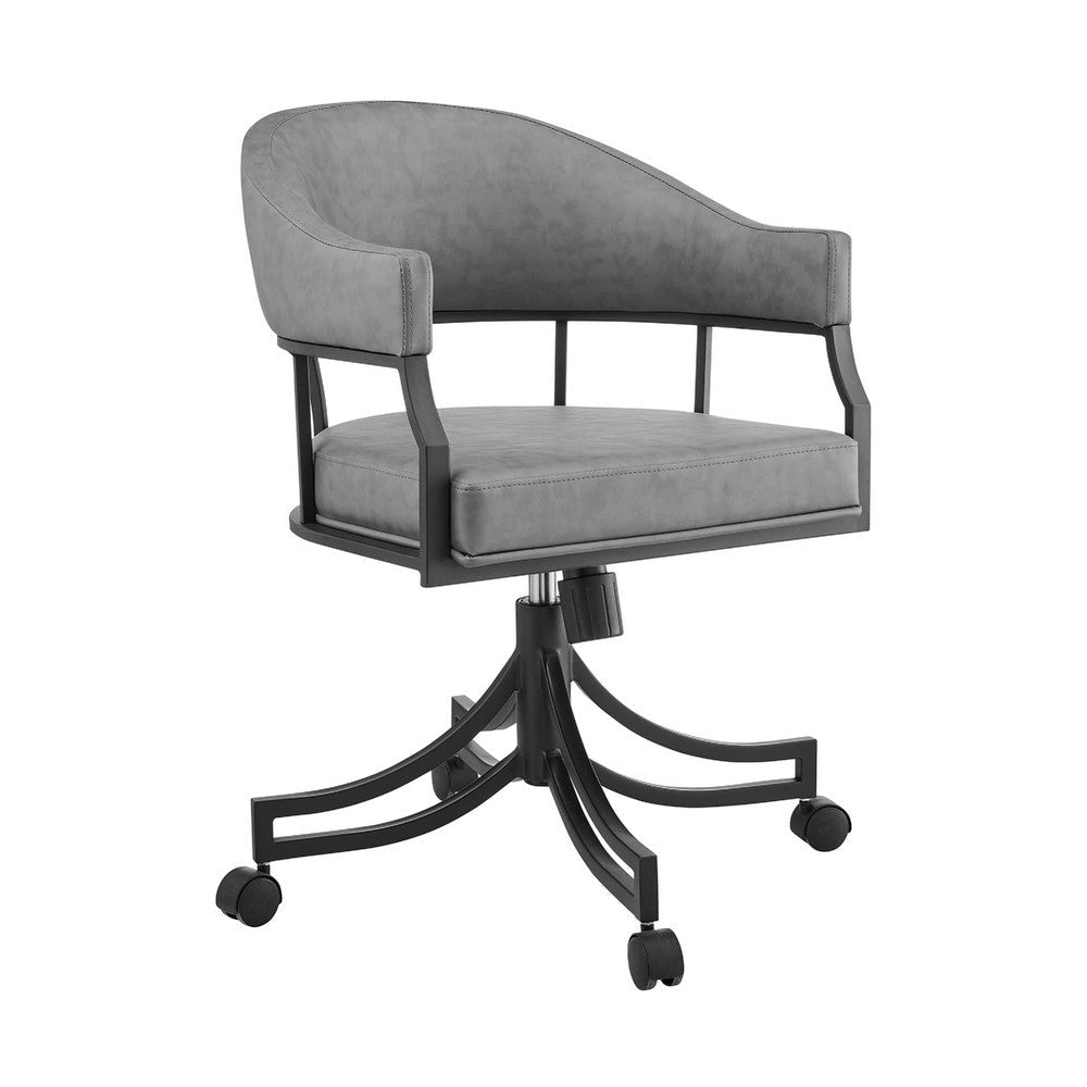 Tibby Swivel Dining Chair | Tilt Rolling | Black Iron | Gray Faux Leather