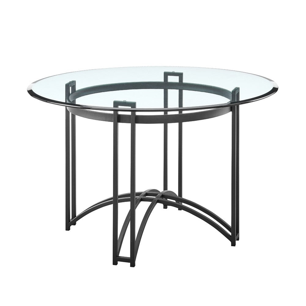Tibby Modern Round Dining Table | 48" Glass Top | Matte Black Iron Base