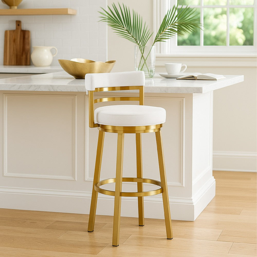 Maxi Swivel Counter Stool Chair | Gold Steel Frame | White Faux Leather