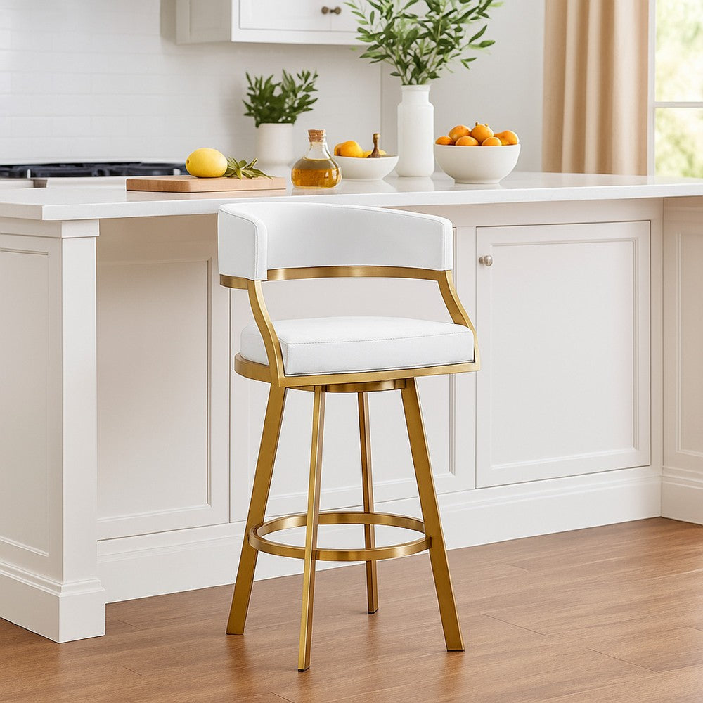 Beth Swivel Barstool Chair | Gold Stainless Steel | White Faux Leather