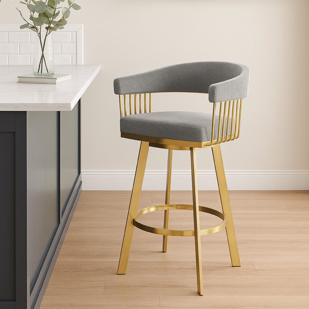 Luci Swivel Barstool Chair | Gold Steel | Tapered Legs | Gray Polyester