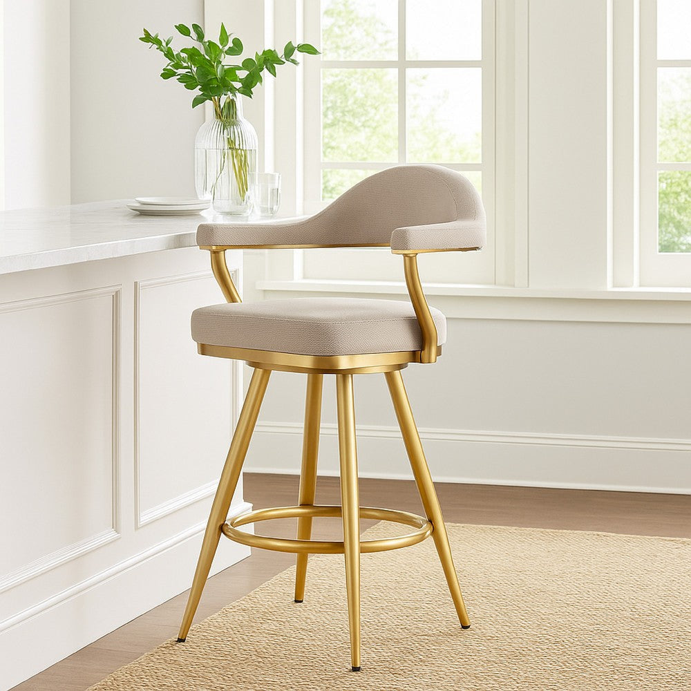 Justy Swivel Counter Stool Chair | Gold Steel Legs | Taupe Polyester