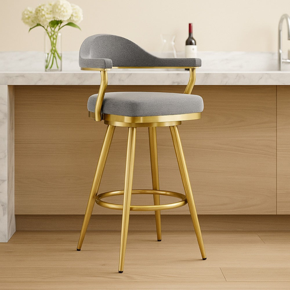 Justy Swivel Barstool Chair | Gold Steel Taper Legs | Gray Polyester