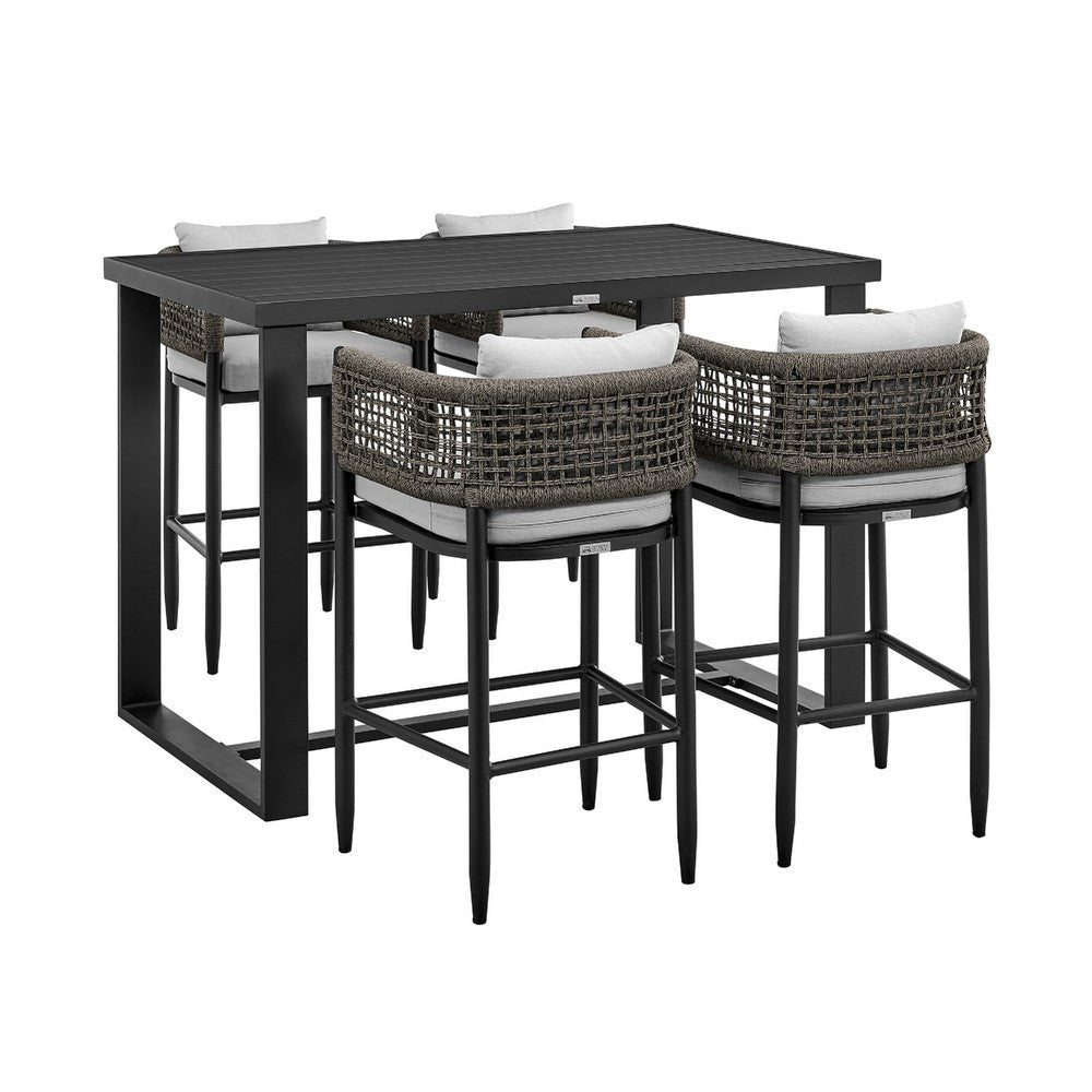 Adiy 5pc Outdoor Bar Height Table & 4 Chairs Set | Gray Rope | Black