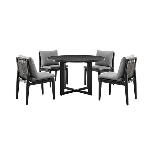 Lynn 5pc Outdoor Dining Table & 4 Chair Set | Round Top | Rattan Woven Black