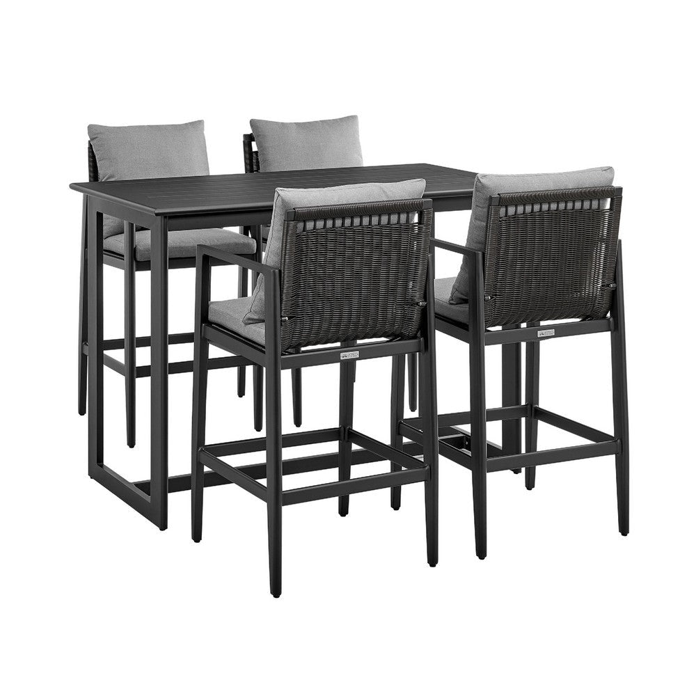 Lynn 5pc Outdoor Bar Height Table & 4 Chair Set | Rattan Woven Black
