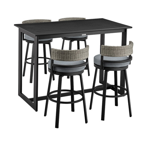 Cynn 5pc Outdoor Bar Table & 4 Swivel Chair Set | Black Aluminum