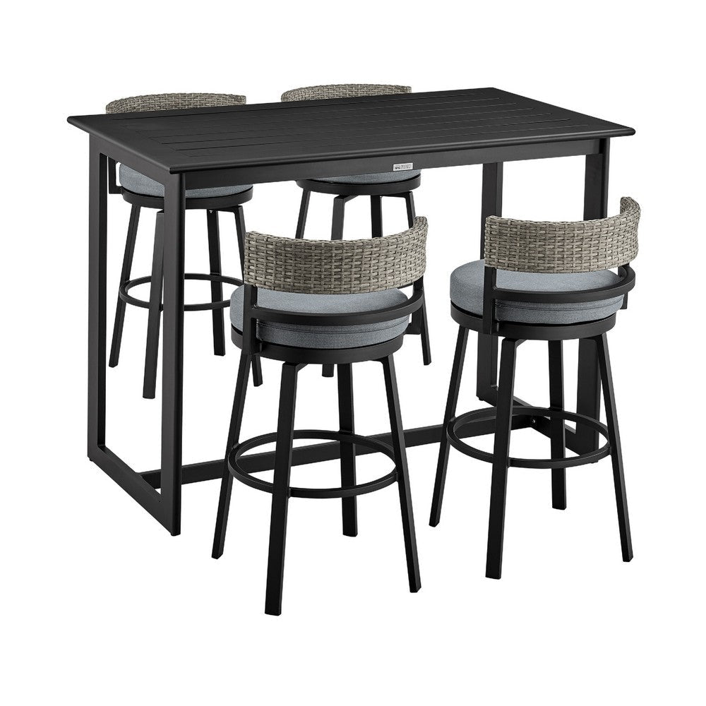 Cynn 5pc Outdoor Bar Table & 4 Swivel Chair Set | Black Aluminum
