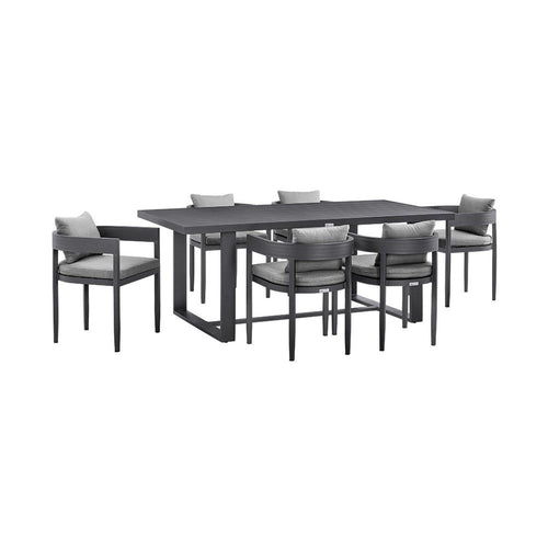Enya 7pc Outdoor Dining Table & 6 Chair Set | Gray Cushions | Black