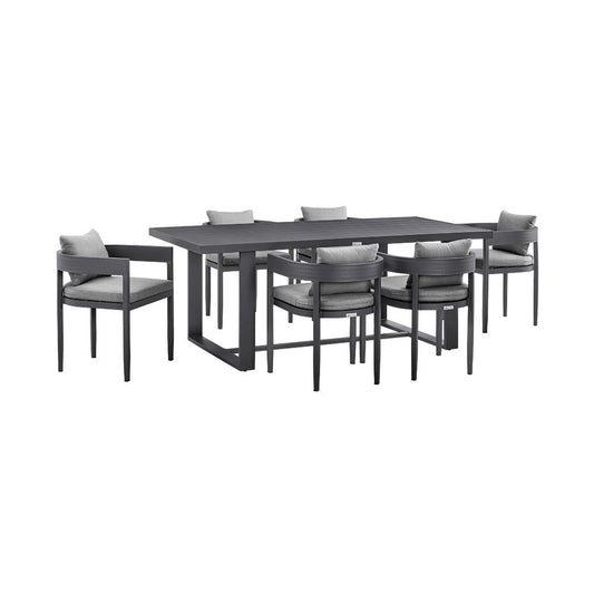 Enya 7pc Outdoor Dining Table & 6 Chair Set | Gray Cushions | Black