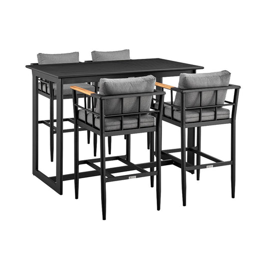 Olyn 5pc Outdoor Bar Height Table Set | 4 Gray Cushioned Chairs | Black Aluminum