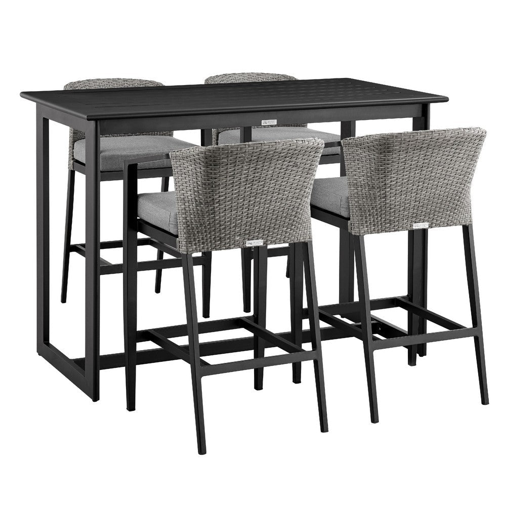 Plyn 5pc Outdoor Bar Height Table Set | 4 Gray Cushioned Chairs | Black Aluminum