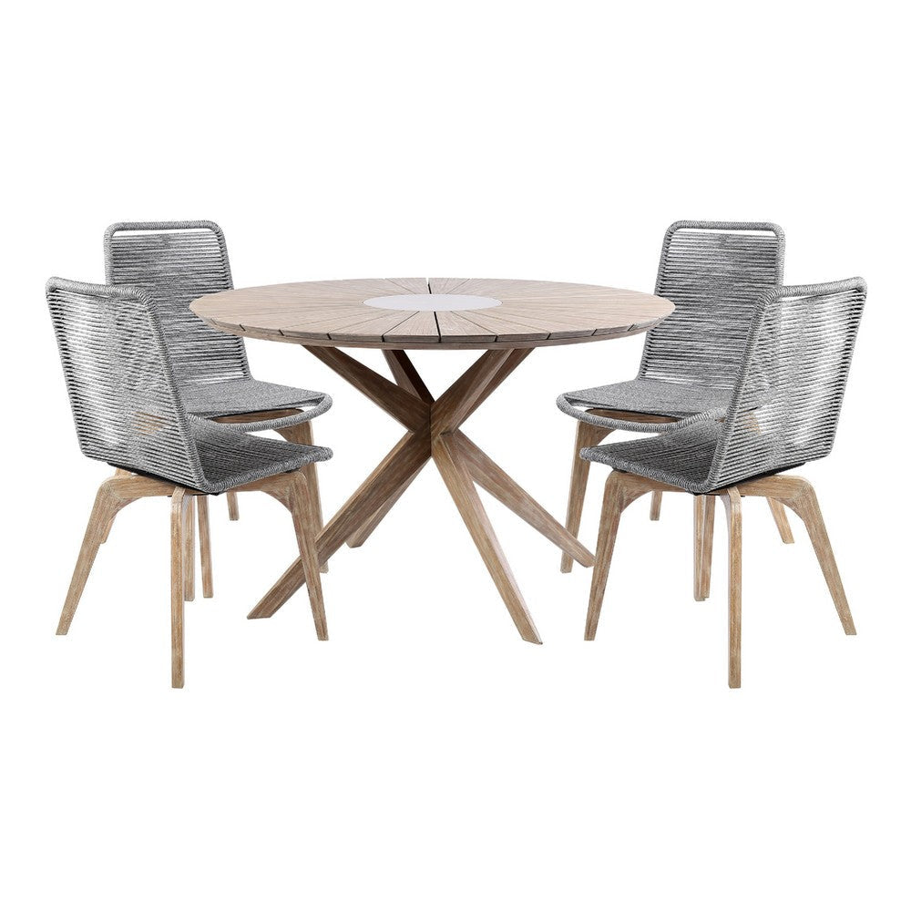 Myn 5pc Patio Round Dining Table Set | 4 Gray Woven Chairs | Light Brown