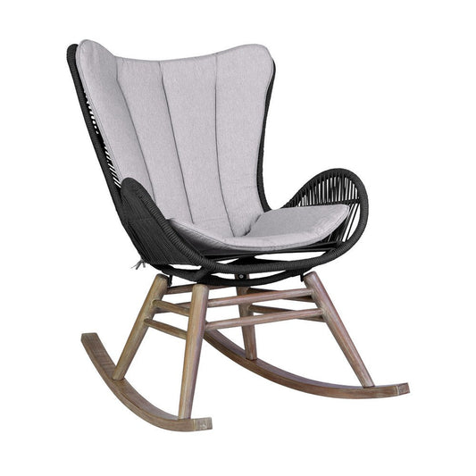 Mina Outdoor Rocking Chair | Gray Rope Woven Back | Eucalyptus Wood