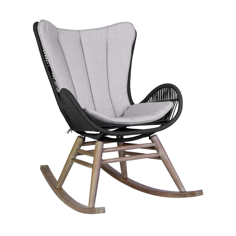 Mina Outdoor Rocking Chair | Gray Rope Woven Back | Eucalyptus Wood