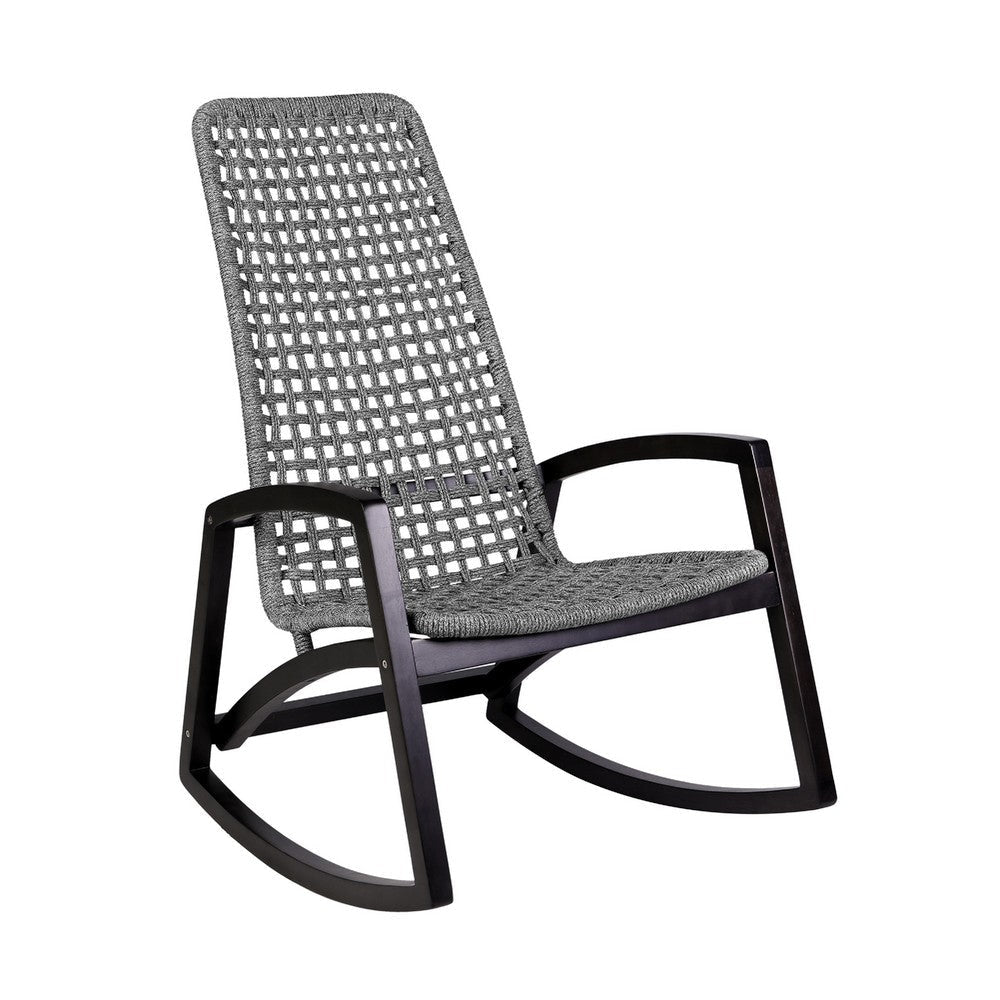 Gynn Outdoor Rocking Chair | Gray Rope Woven | Black Eucalyptus Frame