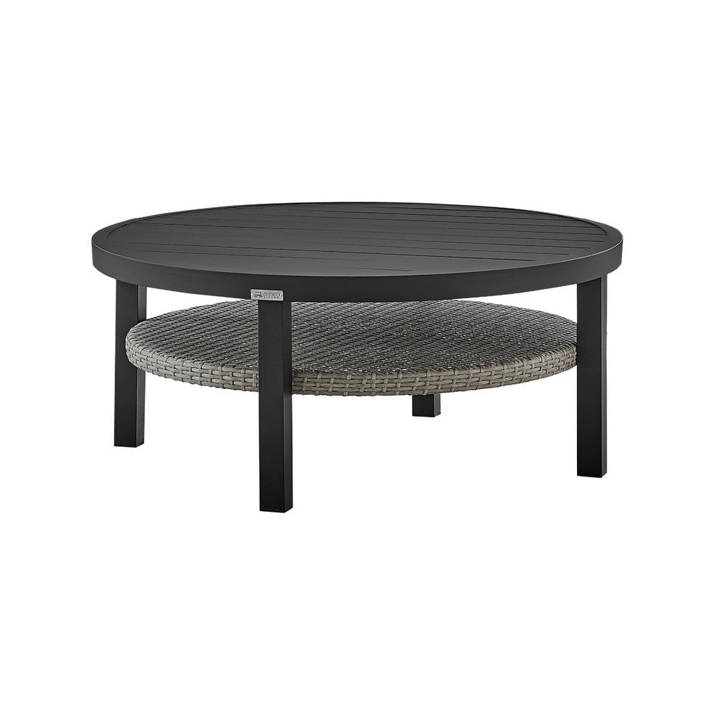 Ryla Outdoor Coffee Table | 42’’ Slatted Top with Woven Shelf | Black BM339186
