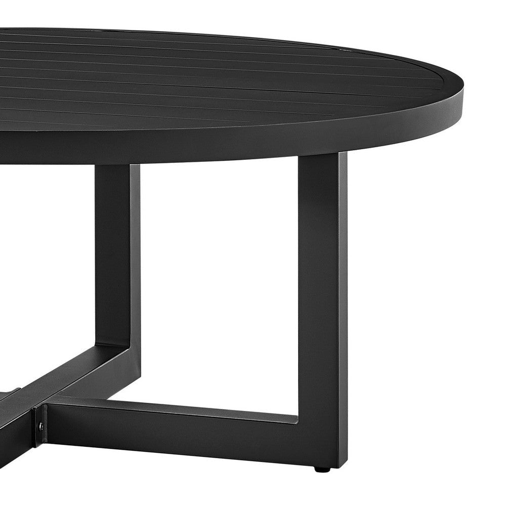 Enya Outdoor Coffee Table | 42’’ Slatted Round Top | Black Aluminum