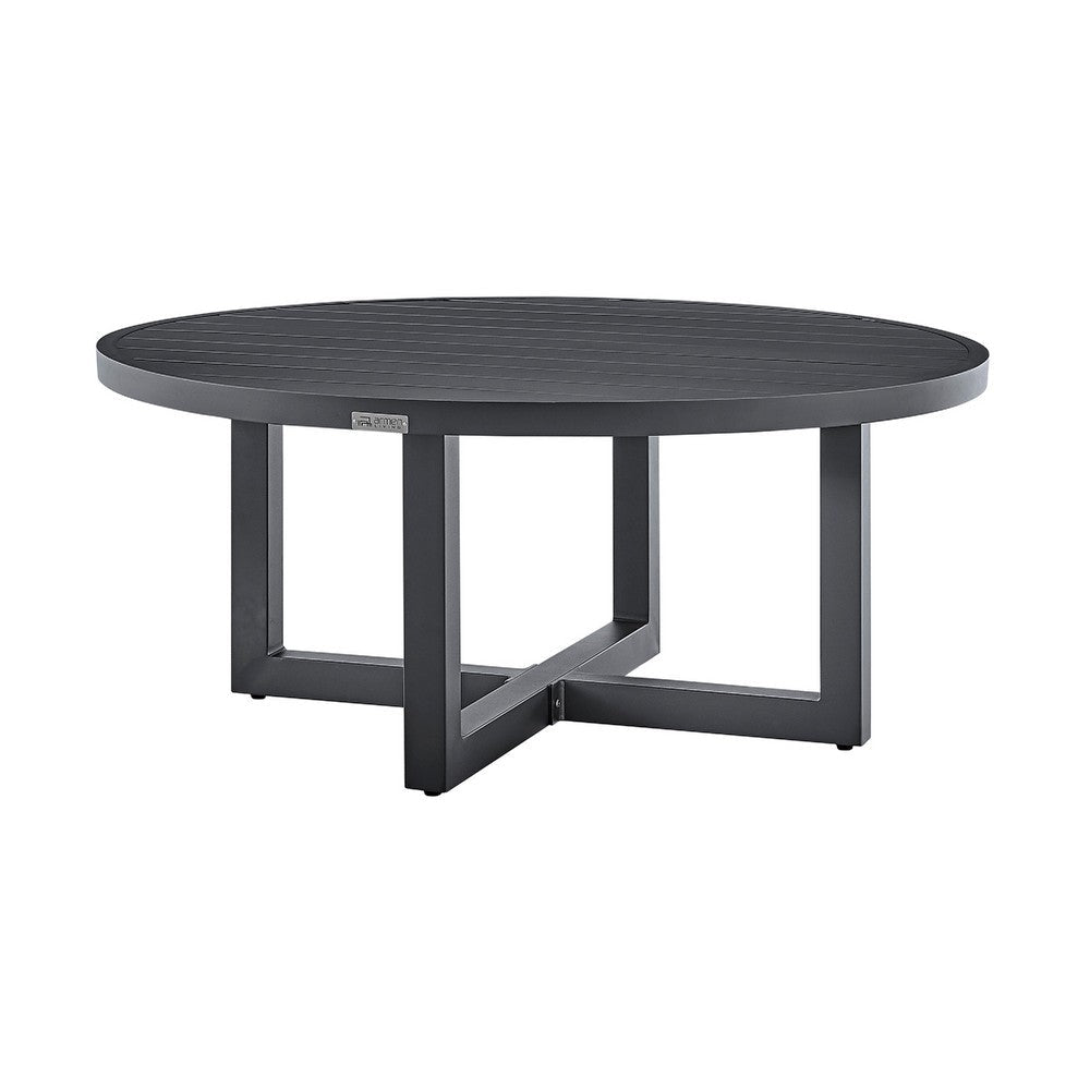Enya Outdoor Coffee Table | 42’’ Slatted Round Top | Gray Aluminum
